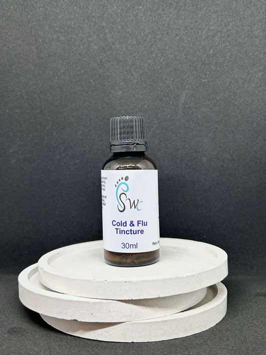 Cold and Flu Combo Tincture in glass dropper bottles, natural herbal remedy for immune support, relief from colds and flu.