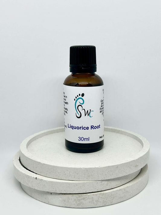Glass dropper bottle of liquorice root tincture – natural herbal extract for digestion, adrenal support, and sore throat relief

