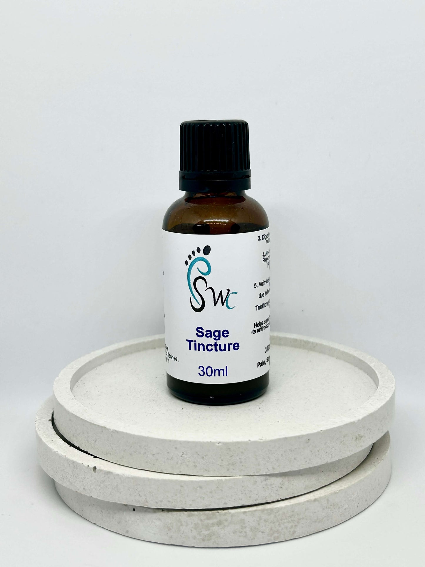 Glass dropper bottle of sage tincture – natural herbal extract for hot flashes, sore throat, and memory support