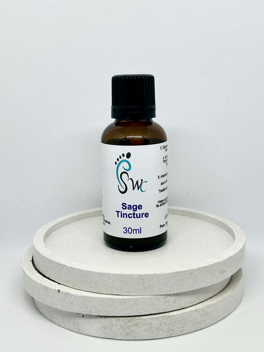 Glass dropper bottle of sage tincture – natural herbal extract for hot flashes, sore throat, and memory support